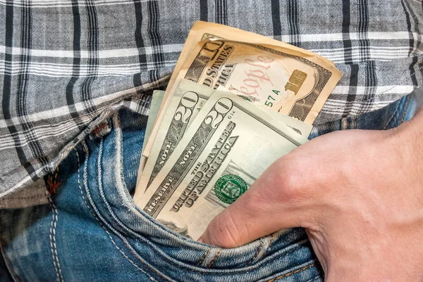 Männliche Hand Mit Dollars Der Tasche — Stockfoto