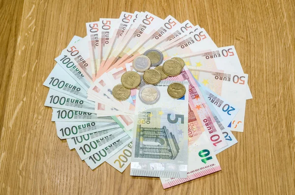 Euro Banknotes Euro Coins Wooden Table — Stock Photo, Image