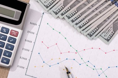 mali grafik, dolar, hesap makinesi ve kalem masa üzerinde.