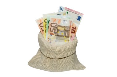 Beyaz arka plan üzerinde izole euro ile çanta