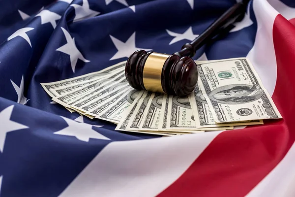 100 Dollar Bills Hammer Judges Placed American Flag — Stock Photo, Image