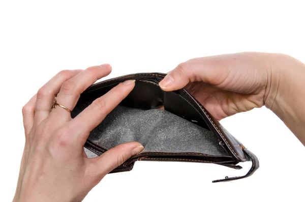 Bolsa Castanha Vazia Mãos Mulher Isolados — Fotografia de Stock