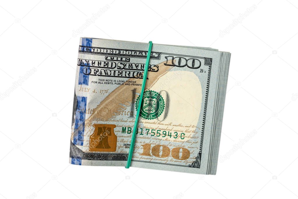 dollar bills together by rubber band isolated on white background.