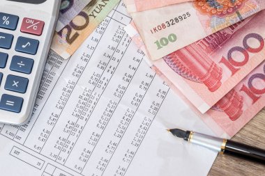 Hesap makinesi, yuan ve kalem masa üzerinde bütçe metin.