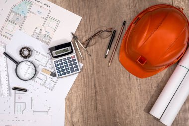 İnşaat kavramı - mimari proje, planları, kask, teyp ölçme