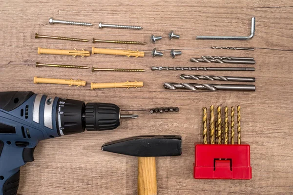 Διάφορα Εργαλεία Του Οικοδόμου Τραπέζι Ξύλινο Υφή — Φωτογραφία Αρχείου