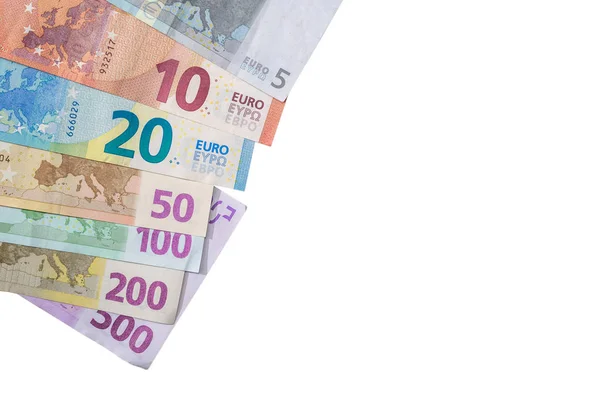 Vollständiger Satz Euro Banknoten Auf Der Rückseite Isoliert Auf Weiß — Stockfoto