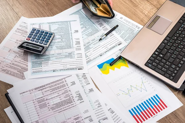 Belastingformulier Geld Business Grafiek Laptop Calculator — Stockfoto