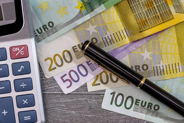 Calculator Euro Cins Banknotes Macro — Stock Photo, Image