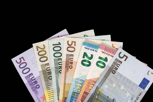 Eurobankbiljetten Geïsoleerd Zwart — Stockfoto