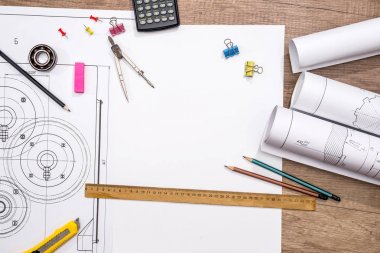 Ölçüm aletleri teknik çizimler arka plan üzerinde. üstte görüntülemek