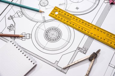 Ölçüm aletleri teknik çizimler arka plan üzerinde. üstte görüntülemek