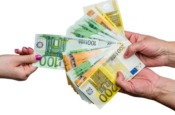 Ženská Ruka Užívání Eurobankovky Hromady — Stock fotografie