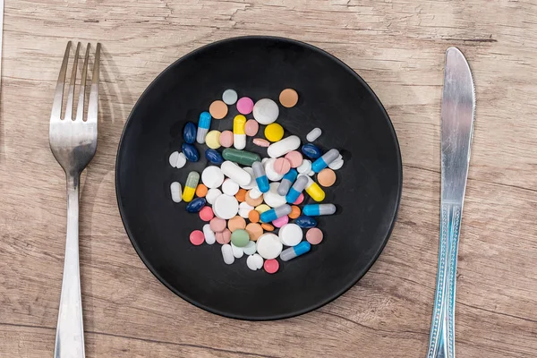 Medicine Pills Capsules Plate Wooden Desk Copy Space — Stock Photo, Image