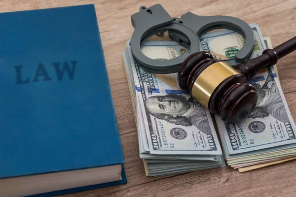 Money Wooden Hammer Handcuffs Law Book — Stock Photo, Image