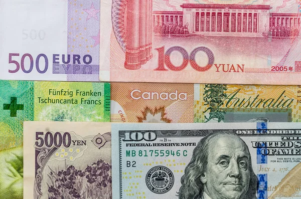 アメリカ私たちカナダ オーストラリア ユーロ 日本円 中国人民元紙幣 — ストック写真