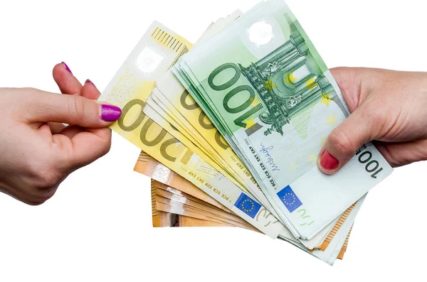 Női Kéz Figyelembe Véve Euro Bankjegy Halom — Stock Fotó