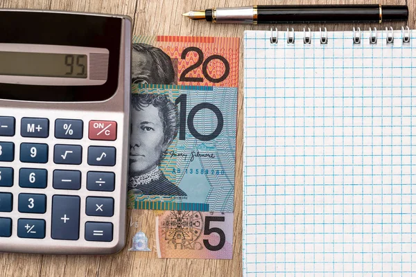 Aud Αυστραλιανό Δολάριο Αριθμομηχανή Σημειωματάριο Στυλό — Φωτογραφία Αρχείου