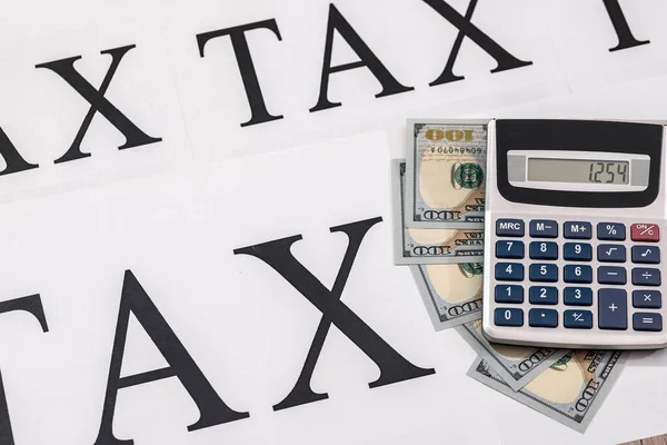 Dollars Américains Avec Calculatrice Sur Mot Tax — Photo