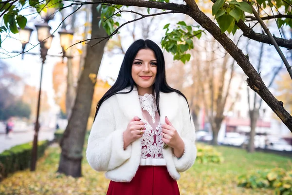 Portrait Belle Femme Brune Veste Fourrure Dans Parc Automne — Photo