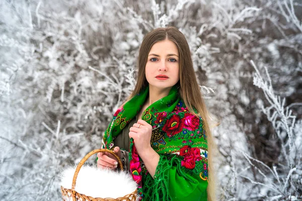 Mujer Chal Verde Sosteniendo Cesta Parque Invierno —  Fotos de Stock