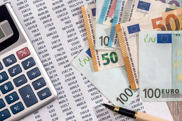 Euro Banknotes Calculator Pen Bank Account Statement — Stock Photo, Image