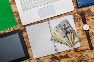 Dollar banknotes on pc keyboard and empty notepad