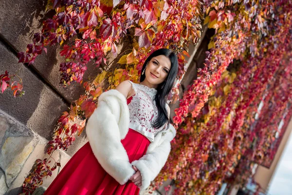 Mujer Morena Vestido Rojo Con Hojas Hiedra Amarilla — Foto de Stock