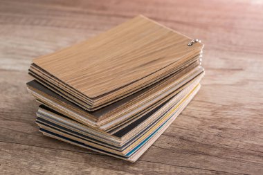 Wooden samples in pile on wooden table