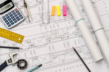 Engineer's drawing with different tools, top view