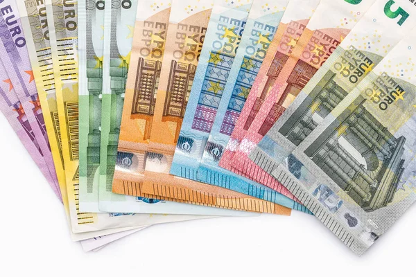 Notas Euro Ventiladas Isoladas Sobre Fundo Branco — Fotografia de Stock