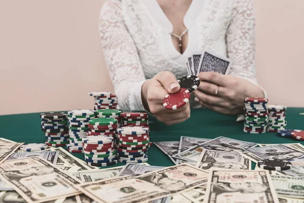 Pile Chips Female Hands Ready Make Bet — 스톡 사진