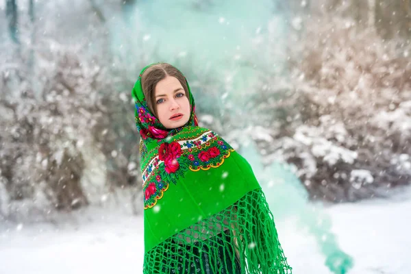 Beautiful Ukrainian Girl Shawl Winter Park — Stock Photo, Image