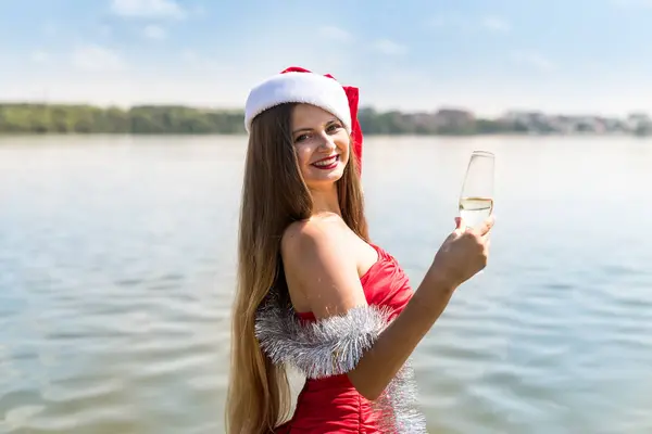 Beautiful Santa Woman Posing Water Champagne — 스톡 사진