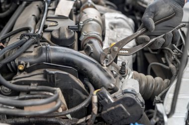 Erkek el araba motorunda fındık tamir ediyor.
