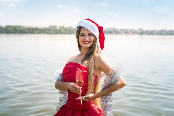 Girl Long Hair Holding Glass Champagne — 스톡 사진