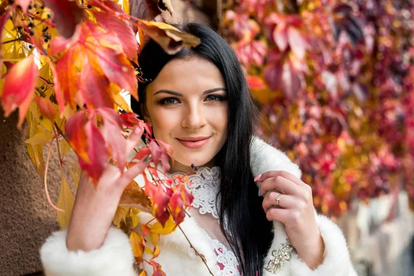 Mujer Vestido Moda Posando Con Hojas Amarillas Parque — Foto de Stock