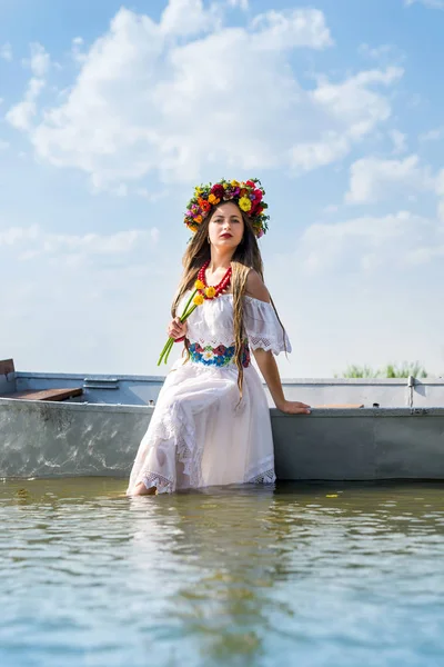 Beautiful Girl National Clothes Standing Lake — 스톡 사진
