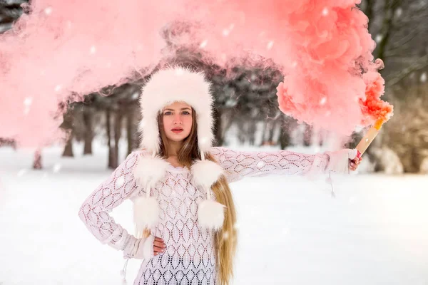 Attractive Woman Fur Hat Surrounded Red Smoke — Stock Photo, Image