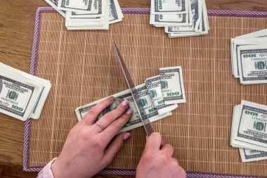 Kadın eli bambu hasırında dolar banknotlarını dilimliyor.