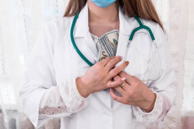 Doctor hiding dollar bribe into robe, corruption in medicine clipart