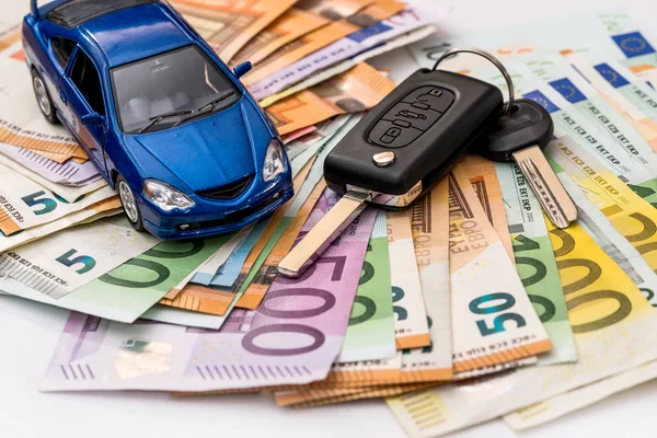 Toy Automobile Real Keys Euro Banknote Background — 스톡 사진