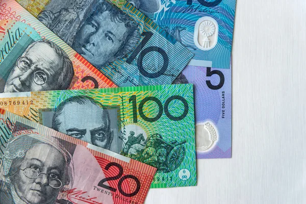 Australiska Dollar Sedlar Trä Bakgrund Närbild — Stockfoto