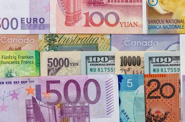 American Canadian Australian Dollar Euro Japanese Yen Chinese Yuan Banknote — Stock Photo, Image