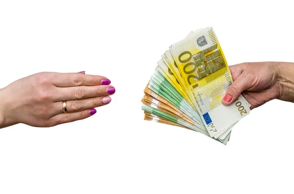 Femmes Mains Prenant Donnant Des Billets Euros — Photo