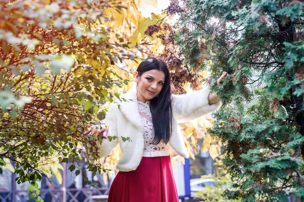 Kvinna Mode Klänning Och Päls Päls Poserar Höstparken — Stockfoto