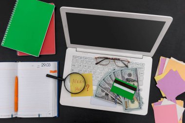 Ofis görünümünde dolar ve kredi kartı olan bir laptop.