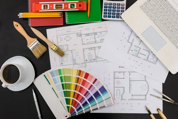 House plan, tools, color palette and coffee