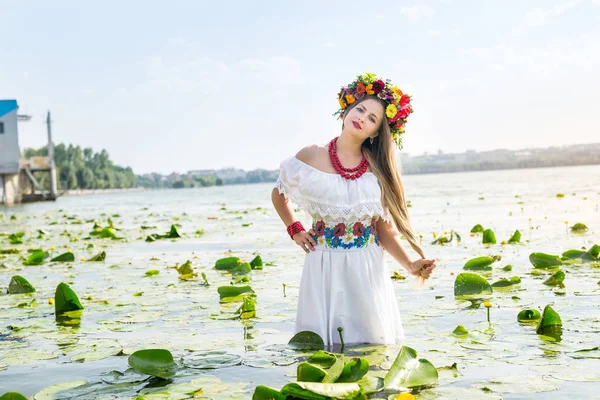 Beautiful Girl National Clothes Standing Lake — 스톡 사진