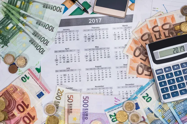 Calendrier Euros Calculatrice Pièce Placée Sur Une Table — Photo
